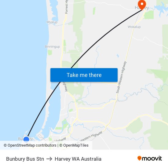 Bunbury Bus Stn to Harvey WA Australia map