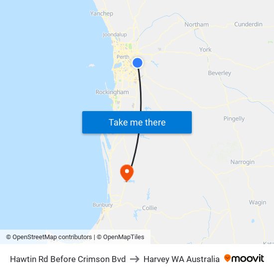 Hawtin Rd Before Crimson Bvd to Harvey WA Australia map