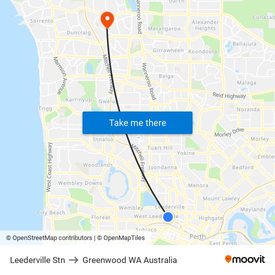 Leederville Stn to Greenwood WA Australia map