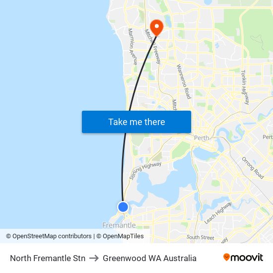 North Fremantle Stn to Greenwood WA Australia map