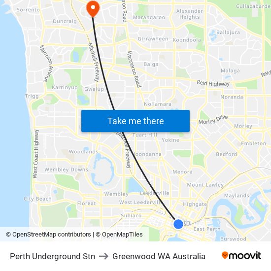 Perth Underground Stn to Greenwood WA Australia map