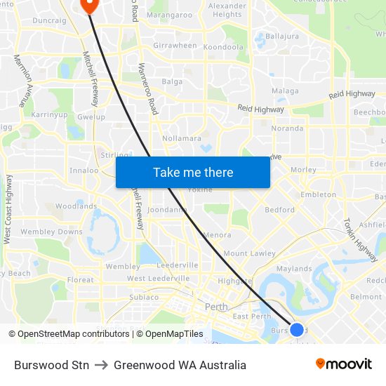 Burswood Stn to Greenwood WA Australia map