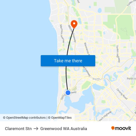 Claremont Stn to Greenwood WA Australia map