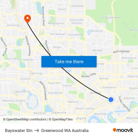 Bayswater Stn to Greenwood WA Australia map