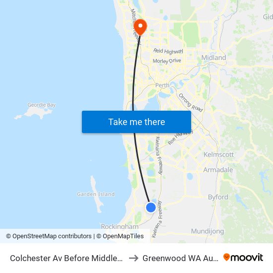 Colchester Av Before Middleham Bvd to Greenwood WA Australia map