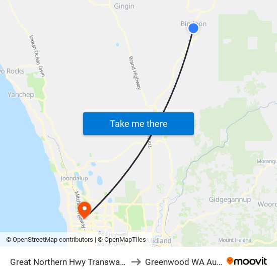 Great Northern Hwy Transwa Bindoon to Greenwood WA Australia map