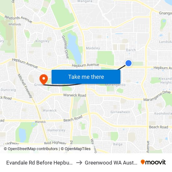 Evandale Rd Before Hepburn Av to Greenwood WA Australia map