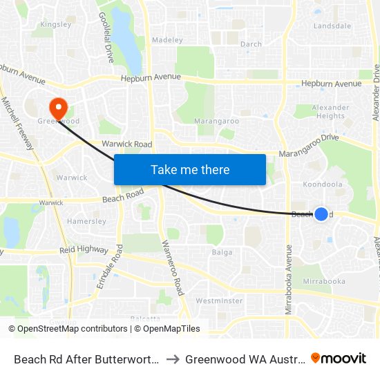 Beach Rd After Butterworth Av to Greenwood WA Australia map