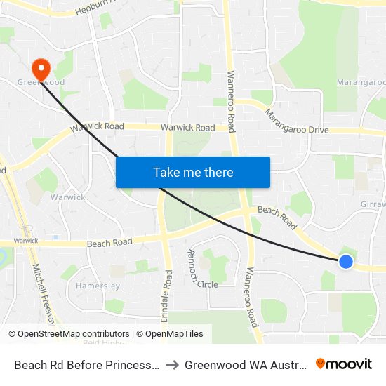 Beach Rd Before Princess Rd to Greenwood WA Australia map