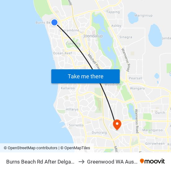 Burns Beach Rd After Delgado Pde to Greenwood WA Australia map