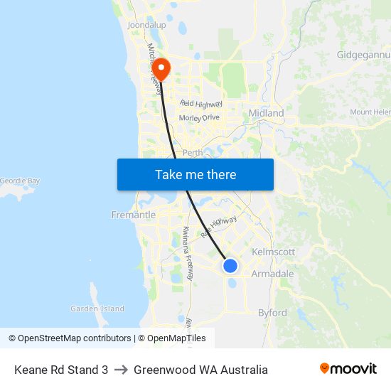 Keane Rd Stand 3 to Greenwood WA Australia map