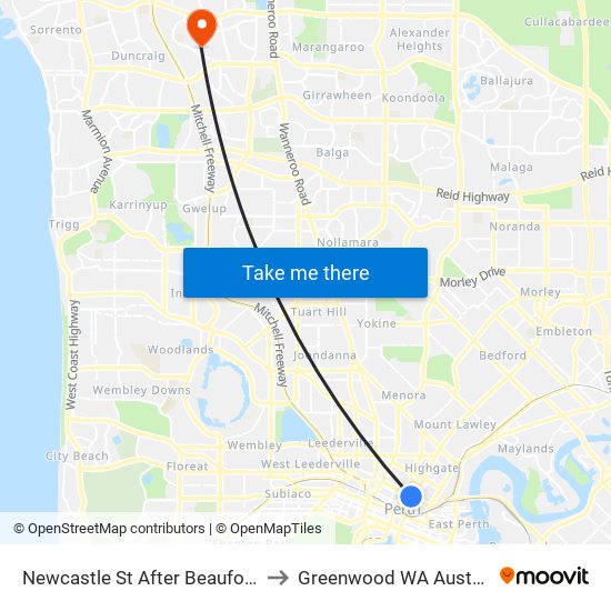 Newcastle St After Beaufort St to Greenwood WA Australia map