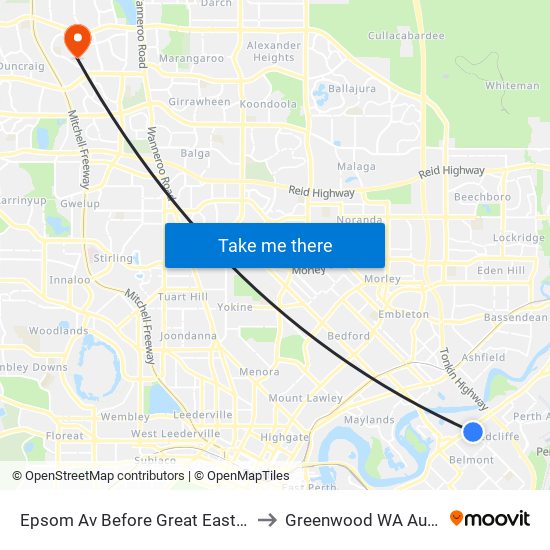 Epsom Av Before Great Eastern Hwy to Greenwood WA Australia map