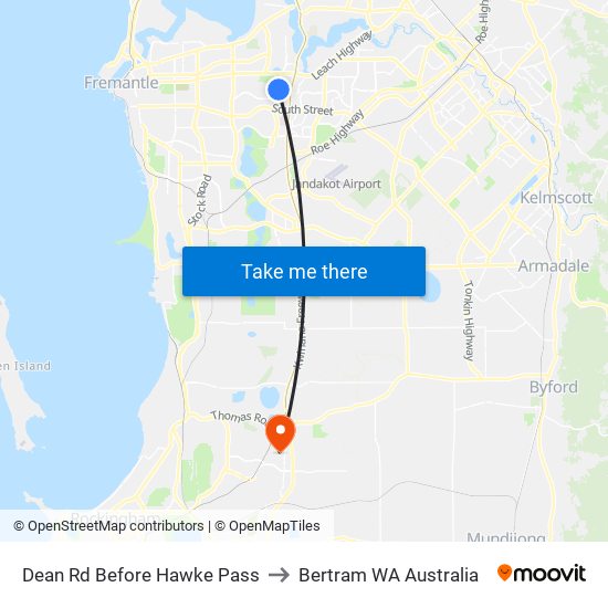 Dean Rd Before Hawke Pass to Bertram WA Australia map