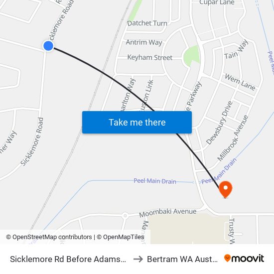 Sicklemore Rd Before Adamson Rd to Bertram WA Australia map