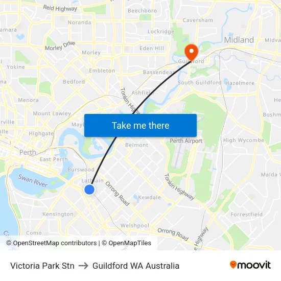 Victoria Park Stn to Guildford WA Australia map