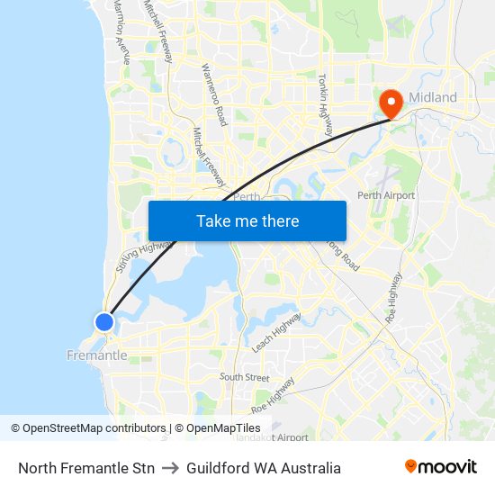 North Fremantle Stn to Guildford WA Australia map