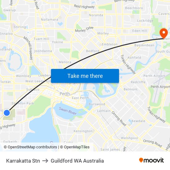 Karrakatta Stn to Guildford WA Australia map