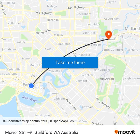 Mciver Stn to Guildford WA Australia map