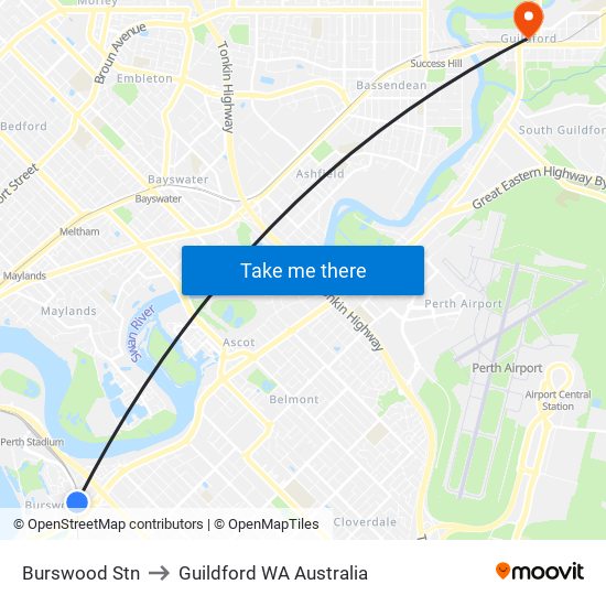 Burswood Stn to Guildford WA Australia map