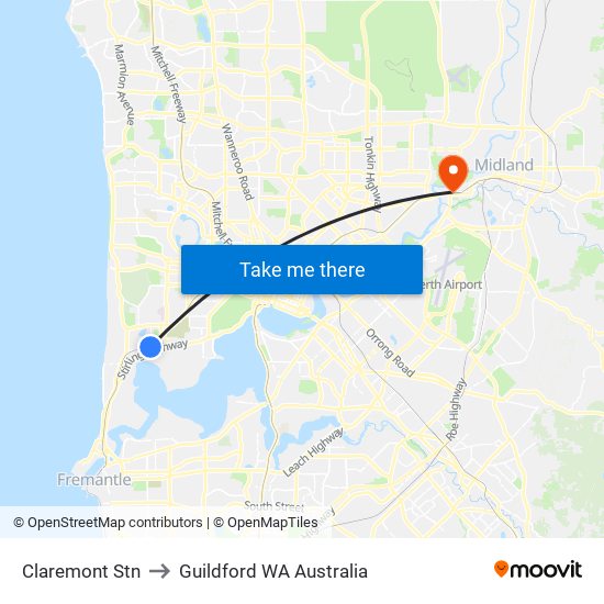 Claremont Stn to Guildford WA Australia map