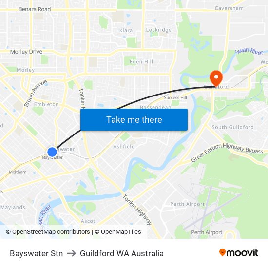 Bayswater Stn to Guildford WA Australia map