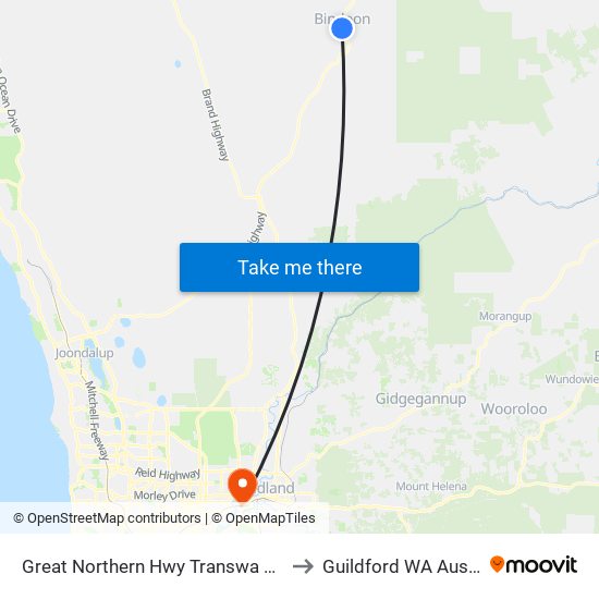 Great Northern Hwy Transwa Bindoon to Guildford WA Australia map