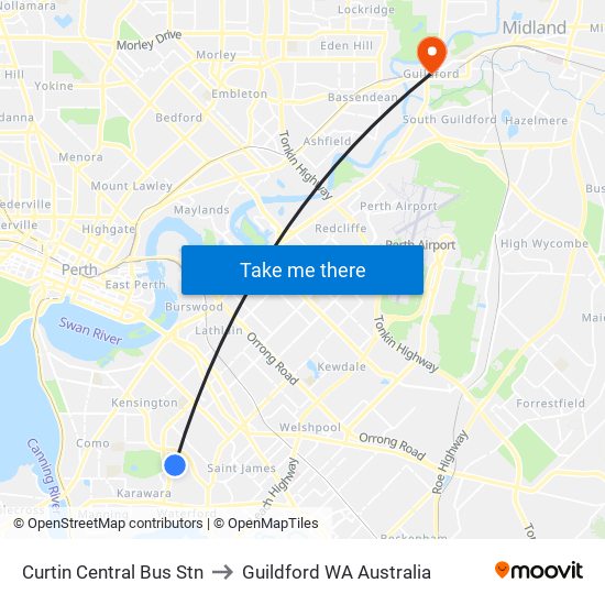 Curtin Central Bus Stn to Guildford WA Australia map