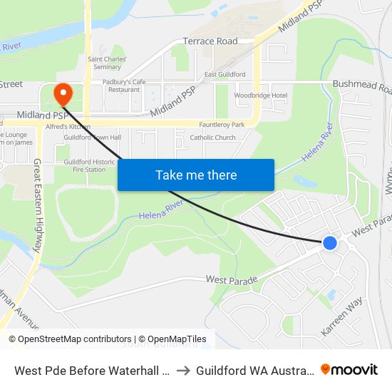 West Pde Before Waterhall Rd to Guildford WA Australia map