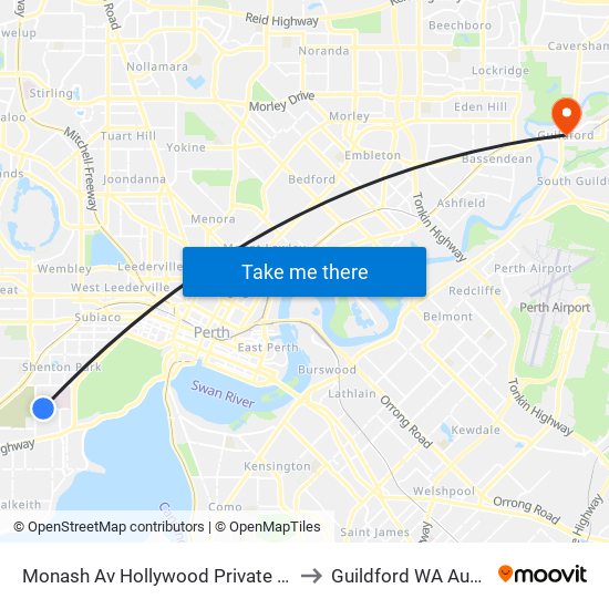 Monash Av Hollywood Private Hospital to Guildford WA Australia map