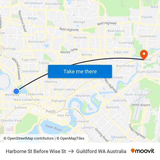Harborne St Before Wise St to Guildford WA Australia map
