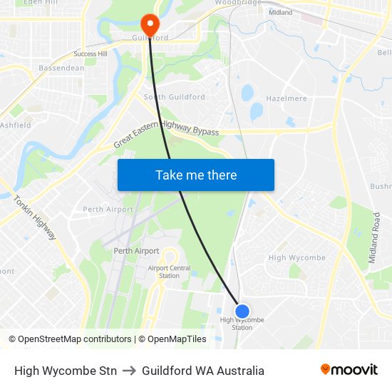 High Wycombe Stn to Guildford WA Australia map