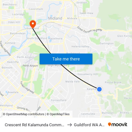 Crescent Rd Kalamunda Community Centre to Guildford WA Australia map