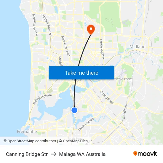 Canning Bridge Stn to Malaga WA Australia map