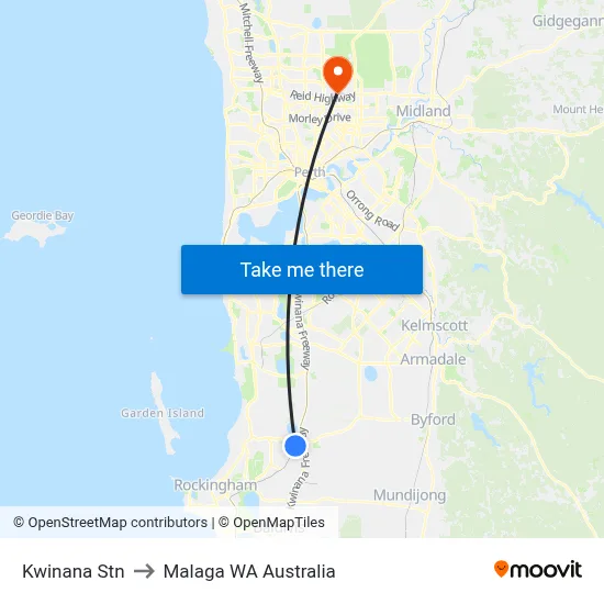 Kwinana Stn to Malaga WA Australia map