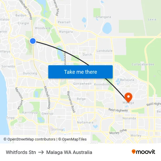Whitfords Stn to Malaga WA Australia map