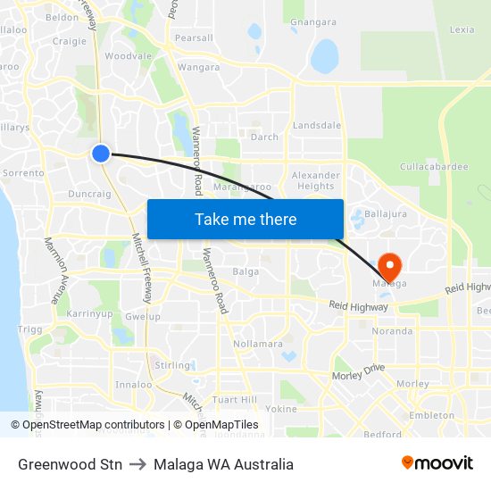 Greenwood Stn to Malaga WA Australia map