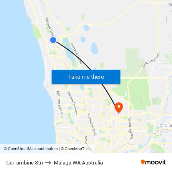 Currambine Stn to Malaga WA Australia map