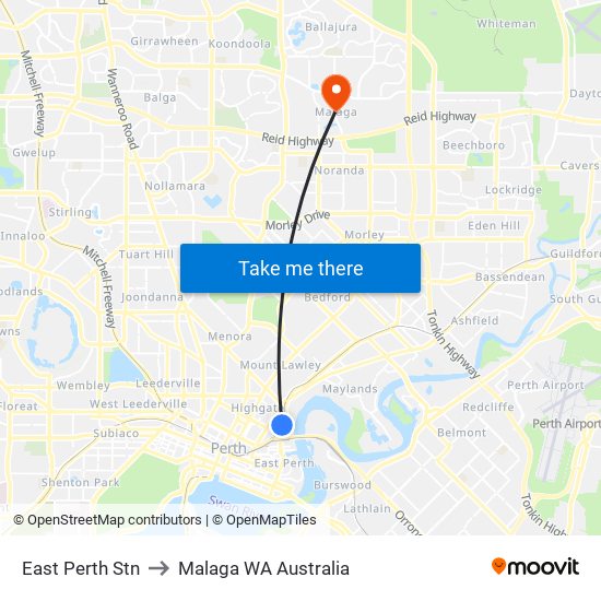 East Perth Stn to Malaga WA Australia map