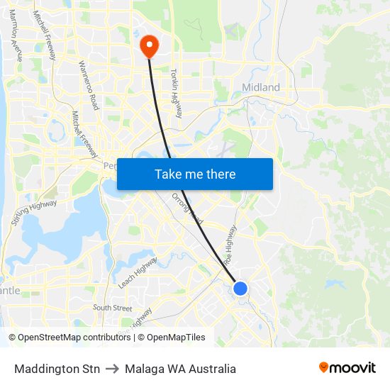 Maddington Stn to Malaga WA Australia map