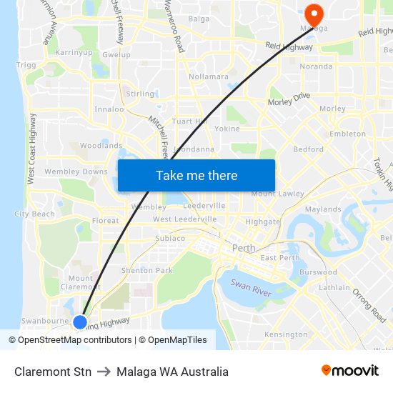 Claremont Stn to Malaga WA Australia map