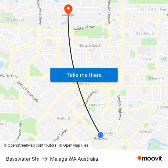 Bayswater Stn to Malaga WA Australia map