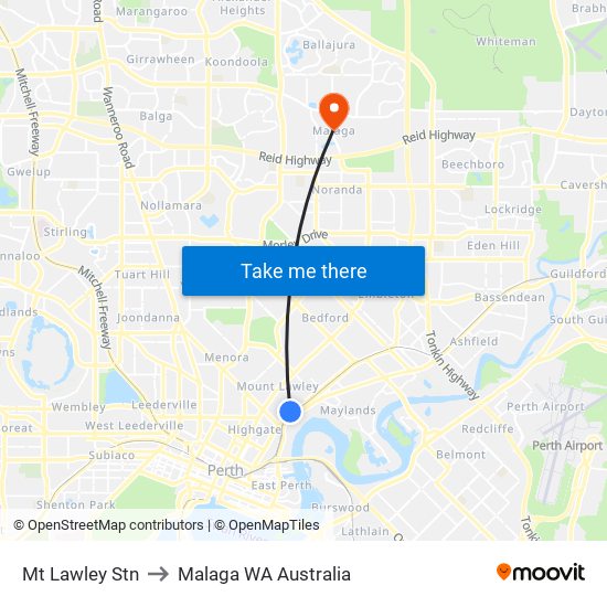 Mt Lawley Stn to Malaga WA Australia map