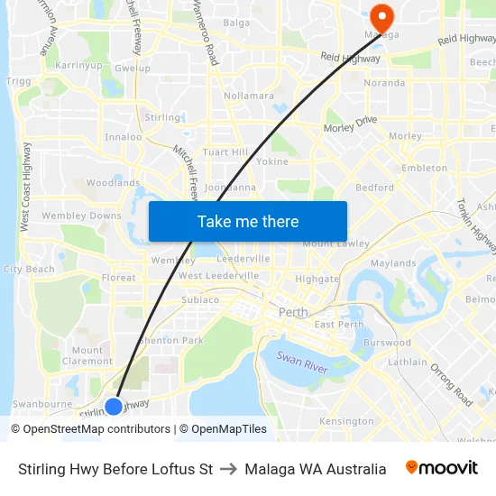 Stirling Hwy Before Loftus St to Malaga WA Australia map