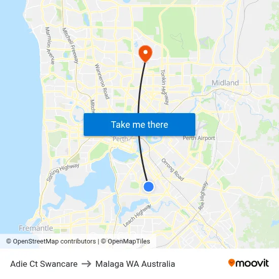 Adie Ct Swancare to Malaga WA Australia map
