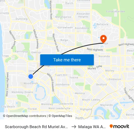 Scarborough Beach Rd Muriel Avenue Cat Id 8 to Malaga WA Australia map