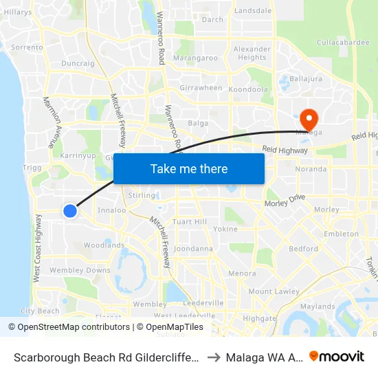 Scarborough Beach Rd Gildercliffe Street Cat Id 14 to Malaga WA Australia map