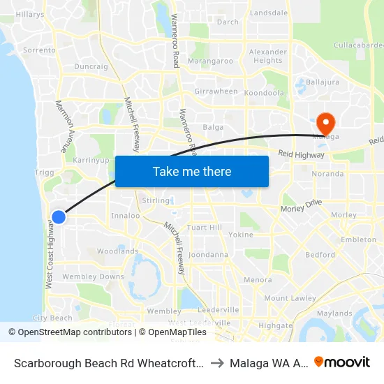 Scarborough Beach Rd Wheatcroft Street Cat Id 18 to Malaga WA Australia map