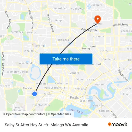 Selby St After Hay St to Malaga WA Australia map