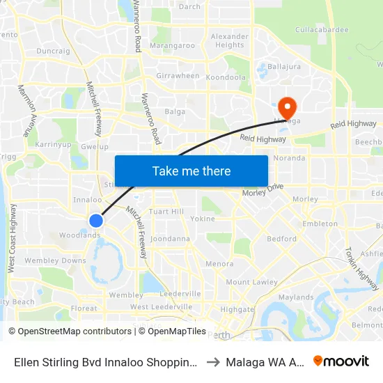 Ellen Stirling Bvd Innaloo Shopping Ctr Cat Id 35 to Malaga WA Australia map